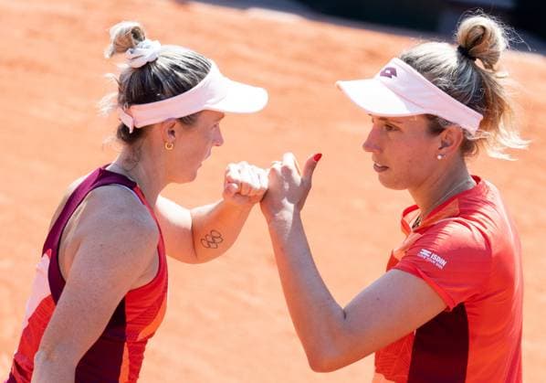 Australian Storm Hunter and Belgian Elise Mertens pictured after a doubles tennis match between Australian-Belgian pair Hunter - Mertens and Brazilian-Russian pair Martins - Shymanovich, in the second round of the women s doubles at the Roland Garros French Open tennis tournament in Paris, France, Saturday 03 June 2023. BENOITxDOPPAGNE  x68343354x
