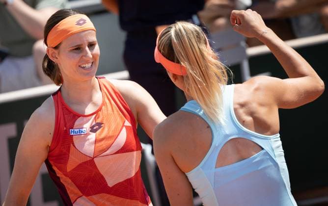 Belgian Greet Minnen and Hungarian Anna Bondar celebrate after winning a doubles tennis match between Belgian-Hungarian pair Minnen-Bondar and Japanese pair Aoyama-Shibahara, in the second round of the women s doubles at the Roland Garros French Open tennis tournament in Paris, France, Saturday 03 June 2023. BENOITxDOPPAGNE  x68343444x