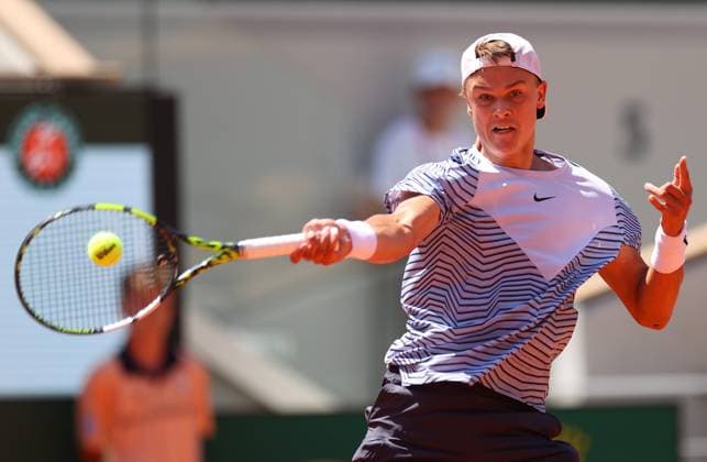 Mandatory Credit: Photo by Ella Ling Shutterstock (13944033v) Holger Rune of Denmark in action French Open Tennis, Day 7, Roland Garros, Paris, France - 03 June 2023 French Open Tennis, Day 7, Roland Garros, Paris, France - 03 June 2023  Copyright: xEllaxLing Shutterstockx 13944033v