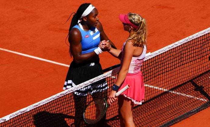 Mandatory Credit: Photo by Javier Garcia Shutterstock (13944030bc) Coco Gauff has warm words with Mirra Andreeva at the net after defeating her in the third round French Open Tennis, Day 7, Roland Garros, Paris, France - 03 June 2023 French Open Tennis, Day 7, Roland Garros, Paris, France - 03 June 2023  Copyright: xJavierxGarcia Shutterstockx 13944030bc