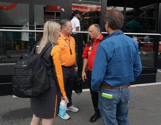 03 06 2023, Circuit de Catalunya, Barcelona, Formula 1 AWS Grand Prix of Spain 2023 , in picture Managing Director Zak Brown McLaren Formula 1 Team with Team Principal Frederic Vasseur Scuderia Ferrari Barcelona Circuit de Catalunya Catalunya Spain  eu-images-506