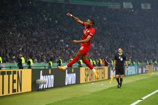 03 06 2023, xtgx, football DFB Pokal final 2023, Eintracht Frankfurt RB Leipzig emspor, v l Christopher Nkunku Leipzig, 18 jubilation, goal jubilation, cheers about the goal, celebrate the goal, celebration DFL DFB REGULATIONS PROHIBIT ANY USE OF PHOTOGRAPHS as IMAGE SEQUENCES and or QUASI VIDEO Berlin