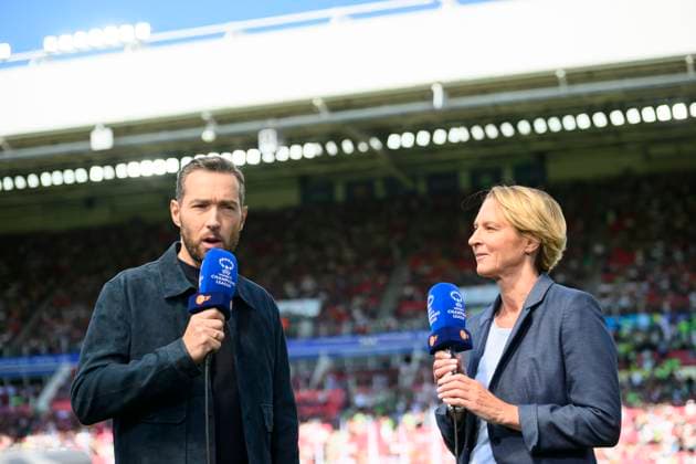 v l Sven VOSS ZDF presenter , national coach coach Martina VOSS TECKLENBURG GER at interview, Womens Champions League Final 2023, FC Barcelona Barca VfL Wolfsburg WOB 3 2, on 03 06 2023 in Eindhoven Netherlands UEFA regulations prohibit any use of photographs as image sequences and or quasi video Â