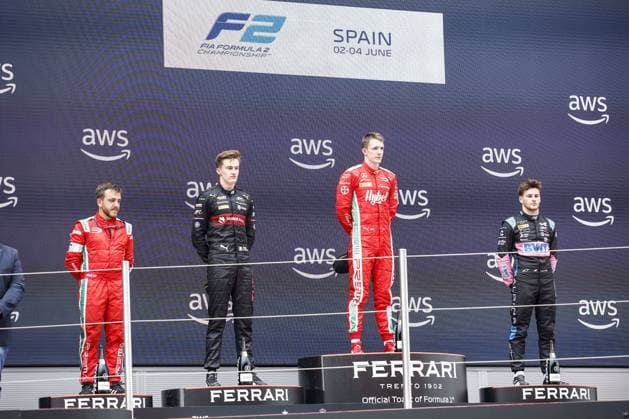 VESTI Frederik (dnk), Prema Racing, Dallara F2, portrait POURCHAIRE Thà o (fra), ART Grand Prix, Dallara F2, portrait MARTINS Victor (fra), ART Grand Prix, Dallara F2, portrait podium during the Formula 1 AWS Gran Premio de Espana 2023, 7th round of the 2023 Formula One World Championship, WM, Weltmeisterschaft from June 2 to 4, 2023 on the Circuit de Barcelona-Catalunya, in Montmelo, Spain - F1 - SPANISH GRAND PRIX 2023 DPPI Panoramic 00123014__R3_0017