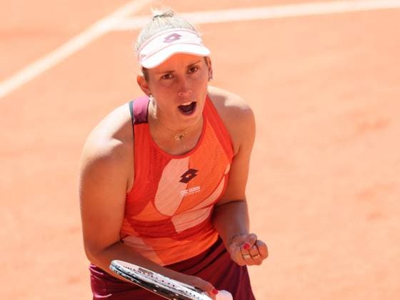 Belgian Elise Mertens reacts during a tennis match between Belgian Mertens (WTA28) and Russian Pavlyuchenkova, in the fourth round of the women s singles at the Roland Garros French Open tennis tournament in Paris, France, . BENOITxDOPPAGNE  x68388547x
