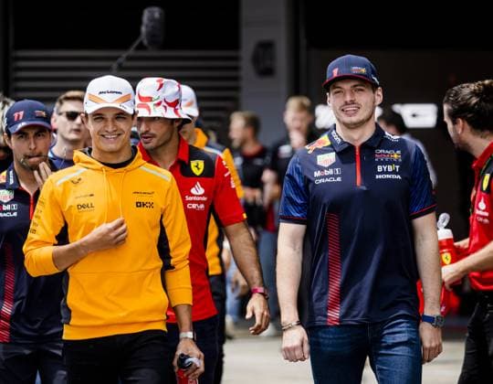 BARCELONA - Sergio Perez (Red Bull Racing), Lando Norris (McLaren), Carlos Sainz (Ferrari) and Max Verstappen (Red Bull Racing) during the drivers parade ahead of the Spanish Grand Prix. ANP SEM VAN DER WAL F1 Grand Prix of Spain 2023 xVIxANPxSportx xxANPxIVx 470871319 originalFilename: 470871319.jpg