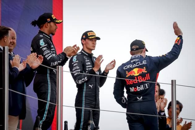 BARCELONA - Max Verstappen (Red Bull Racing) on the podium with Lewis Hamilton (Mercedes) and George Russell (Mercedes) at the Spanish Grand Prix. ANP SEM VAN DER WAL F1 Grand Prix of Spain 2023 xVIxANPxSportx xxANPxIVx 470883581 originalFilename: 470883581.jpg