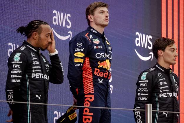 BARCELONA - Max Verstappen (Red Bull Racing) on the podium with Lewis Hamilton (Mercedes) and George Russell (Mercedes) at the Spanish Grand Prix. ANP SEM VAN DER WAL F1 Grand Prix of Spain 2023 xVIxANPxSportx xxANPxIVx 470884297 originalFilename: 470884297.jpg