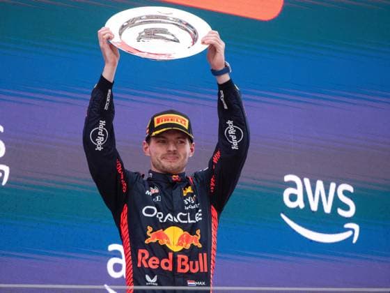Max Verstappen NED, Oracle Red Bull Racing, 01 cheers on podium with trophy over victory, ESP, Formula 1 World Championship, Spanish Grand Prix, Circuit de Barcelona Catalunya, race, 04 06 2023 ESP, Formula 1 World Championship, Spanish Grand Prix, Circuit de Barcelona Catalunya, race, 04 06 2023 Montmelo Copyright: xEibner Memmlerx EP_MMR
