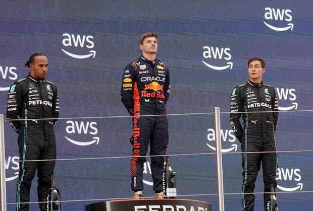 04 06 2023, Circuit de Catalunya, Barcelona, Formula 1 AWS Grand Prix of Spain 2023 , in picture podium winner Max Verstappen NLD , Oracle Red Bull Racing, 2 place for Lewis Hamilton GBR , Mercedes AMG Petronas Formula One Team, 3 place for George Russell GBR , Mercedes AMG Petronas Formula One Team Barcelona Circuit de Catalunya Catalunya Spain  eu-images-506