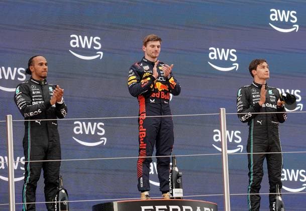 04 06 2023, Circuit de Catalunya, Barcelona, Formula 1 AWS Grand Prix of Spain 2023 , in picture podium winner Max Verstappen NLD , Oracle Red Bull Racing, 2 place for Lewis Hamilton GBR , Mercedes AMG Petronas Formula One Team, 3 place for George Russell GBR , Mercedes AMG Petronas Formula One Team Barcelona Circuit de Catalunya Catalunya Spain  eu-images-506