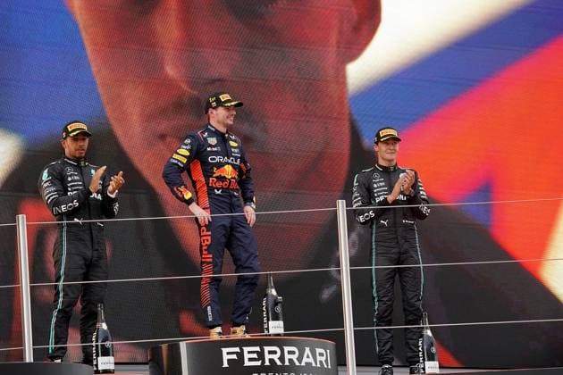 Formula 1 AWS Grand Prix of Spain 2023 04 06 2023, Circuit de Catalunya, Barcelona, Formula 1 AWS Grand Prix of Spain 2023 , in picture podium winner Max Verstappen NLD , Oracle Red Bull Racing, 2 place for Lewis Hamilton GBR , Mercedes AMG Petronas Formula One Team, 3 place for George Russell GBR , Mercedes AMG Petronas Formula One Team nordphotoxGmbHx xBratic nph00250