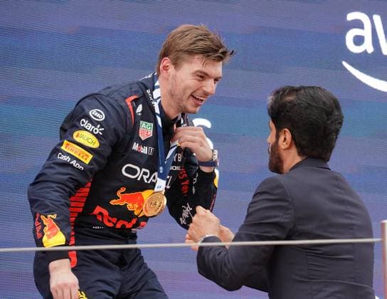 04 06 2023, Circuit de Catalunya, Barcelona, Formula 1 AWS Grand Prix of Spain 2023 , in picture podium winner Max Verstappen NLD , Oracle Red Bull Racing receives a medal from FIA President Mohammed bin Sulayem Barcelona Circuit de Catalunya Catalunya Spain  eu-images-506