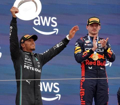 04 06 2023, Circuit de Catalunya, Barcelona, Formula 1 AWS Grand Prix of Spain 2023 , in picture podium winner Max Verstappen NLD , Oracle Red Bull Racing, 2nd place for Lewis Hamilton GBR , Mercedes AMG Petronas Formula One Team Barcelona Circuit de Catalunya Catalunya Spain  eu-images-506