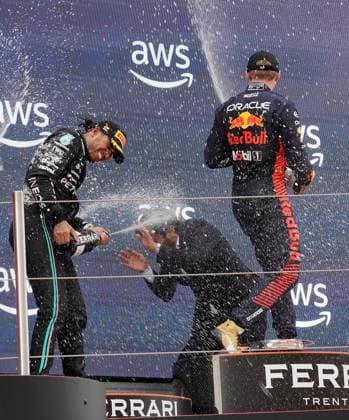 04 06 2023, Circuit de Catalunya, Barcelona, Formula 1 AWS Grand Prix of Spain 2023 , in picture podium winner Max Verstappen NLD , Oracle Red Bull Racing, 2nd place for Lewis Hamilton GBR , Mercedes AMG Petronas Formula One Team, FIA President Mohammed bin Sulayem flees from the champagne shower Barcelona Circuit de Catalunya Catalunya Spain  eu-images-506