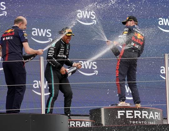 04 06 2023, Circuit de Catalunya, Barcelona, Formula 1 AWS Grand Prix of Spain 2023 , in picture podium winner Max Verstappen NLD , Oracle Red Bull Racing, 2nd place for Lewis Hamilton GBR , Mercedes AMG Petronas Formula One Team, engine engineer David Mart Red Bull Racing Barcelona Circuit de Catalunya Catalunya Spain  eu-images-506