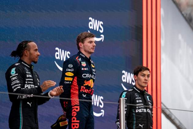June 4, 2023, Montmelo, Spain: (Left to Right) LEWIS HAMILTON of Great Britain and Mercedes-AMG F1 Team, MAX VERSTAPPEN of the Netherlands and Red Bull Racing and GEORGE RUSSEL of Great Britain and Mercedes-AMG F1 Team on the podium after the 2023 FIA Formula 1 Spanish Grand Prix at Circuit de Barcelona-Catalunya in Montmelo near Barcelona, Spain. Montmelo Spain - ZUMAg147 20230604_zap_g147_013 Copyright: xJamesxGasperottix