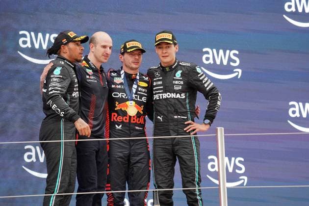 04 06 2023, Circuit de Catalunya, Barcelona, Formula 1 AWS Grand Prix of Spain 2023 , in picture podium winner Max Verstappen NLD , Oracle Red Bull Racing, 2 place for Lewis Hamilton GBR , Mercedes AMG Petronas Formula One Team, 3 place for George Russell GBR , Mercedes AMG Petronas Formula One Team, Engine Engineer David Mart Red Bull Racing Barcelona Circuit de Catalunya Catalunya Spain  eu-images-506