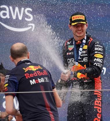 Formula 1 AWS Grand Prix of Spain 2023 04 06 2023, Circuit de Catalunya, Barcelona, Formula 1 AWS Grand Prix of Spain 2023 , in picture podium winner Max Verstappen NLD , Oracle Red Bull Racing, engine engineer David Mart Red Bull Racing nordphotoxGmbHx xBratic nph00250