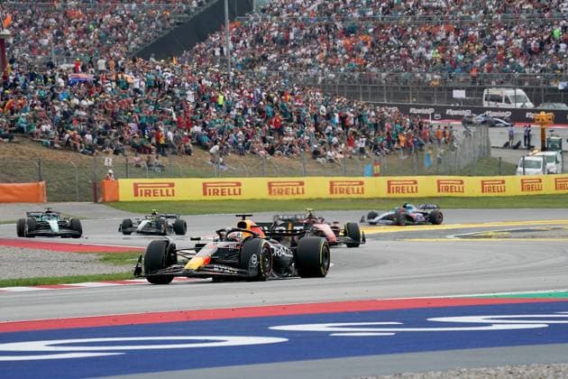 04 06 2023, Circuit de Catalunya, Barcelona, Formula 1 AWS Grand Prix of Spain 2023 , in picture Max Verstappen NLD , Oracle Red Bull Racing, Carlos Sainz Jr ESP , Scuderia Ferrari, Lance Stroll CAN , Aston Martin Aramco Cognizant Formula One Team, Lewis Hamilton GBR , Mercedes AMG Petronas Formula One Team Barcelona Circuit de Catalunya Catalunya Spain eu-images-506