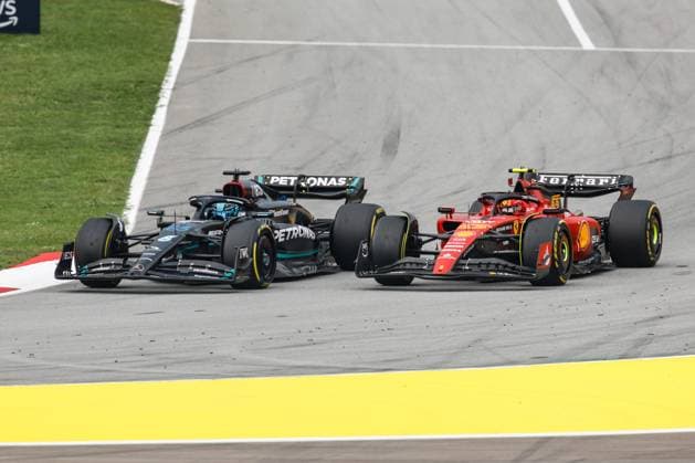 63 George Russell GBR, Mercedes AMG Petronas F1 Team , 55 Carlos Sainz ESP, Scuderia Ferrari , F1 Grand Prix of Spain at Circuit de Barcelona Catalunya on June 4, 2023 in Barcelona, Spain Photo by HOCH ZWEI Barcelona Spain
