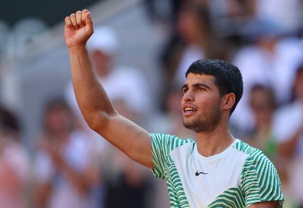 Mandatory Credit: Photo by Ella Ling Shutterstock (13944035f) Carlos Alcaraz of Spain celebrates French Open Tennis, Day 8, Roland Garros, Paris, France - 04 June 2023 French Open Tennis, Day 8, Roland Garros, Paris, France - 04 June 2023  Copyright: xEllaxLing Shutterstockx 13944035f
