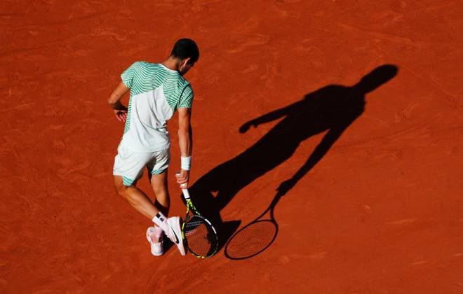 Mandatory Credit: Photo by Javier Garcia Shutterstock (13944034bz) Carlos Alcaraz in fourth round action French Open Tennis, Day 8, Roland Garros, Paris, France - 04 June 2023 French Open Tennis, Day 8, Roland Garros, Paris, France - 04 June 2023  Copyright: xJavierxGarcia Shutterstockx 13944034bz