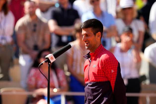 PARIS, FRANCE - JUNE 4: Novak Djokovic is interviewed after winning his 4th round match of Roland Garros 2023 match against Juan Pablo Varillas at Roland Garros Stadium on June 4, 2023 in Paris, France. (Photo by Glenn Gervot Icon Sportswire) TENNIS: JUN 04 French Open EDITORIAL USE ONLY Icon2306046464