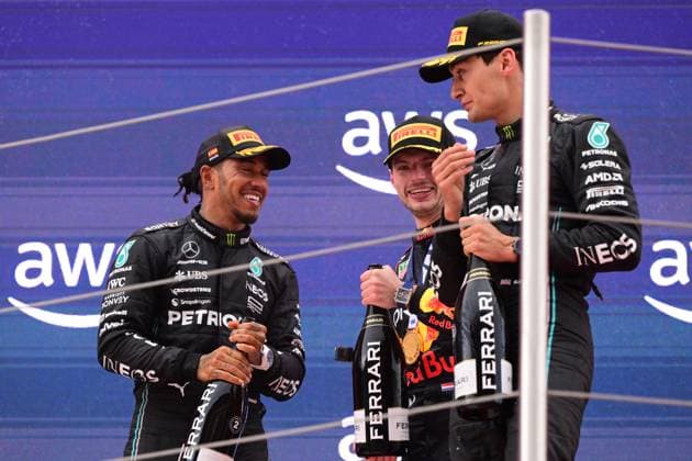 F1 Grand Prix of Spain Lewis Hamilton of Mercedes-AMG Petronas F1 Team, Max Verstappen of Red Bull Racing Honda and George Russel of Mercedes-AMG Petronas celebrate on podium during race of Spanish GP, 8th round of FIA Formula 1 World Championship, WM, Weltmeisterschaft in Circuit de Catalunya, Montmelo, Catalunya, Spain, 04 06 23 MontmelÃ² Catalunya Spain  Copyright: xAndreaxDiodatox originalFilename:diodato-notitle230604_np8O1.jpg