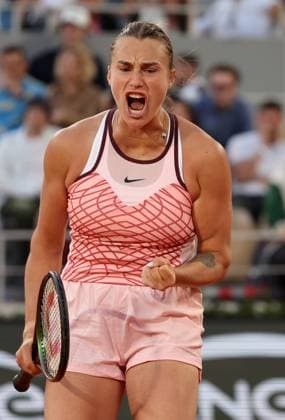 Second-seeded Aryna Sabalenka of Russia plays against Sloane Stephens of the US at the Roland Garros French Tennis Open in Paris, France, on Sunday, June 4, 2023. Sabalenka won 7-6, 6-4 and qualified for the quarter finals.  PAR20230604126 MAYAxVIDON-WHITE