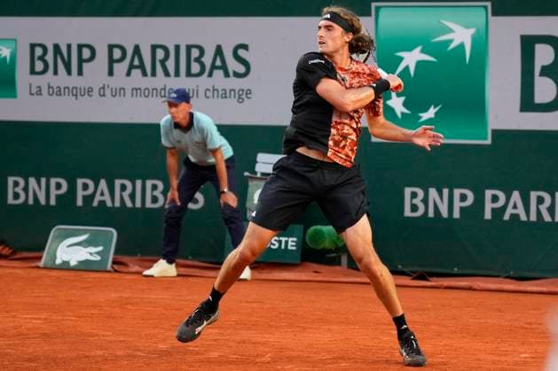 PARIS, FRANCE - JUNE 4: Stefanos Tsitsipas plays a forehand during 4th round of Roland Garros 2023 match between Sebastian Ofner vs Stefanos Tsitsipas at Roland Garros Stadium on June 4, 2023 in Paris, France. (Photo by Glenn Gervot Icon Sportswire) TENNIS: JUN 04 French Open EDITORIAL USE ONLY Icon2306046805