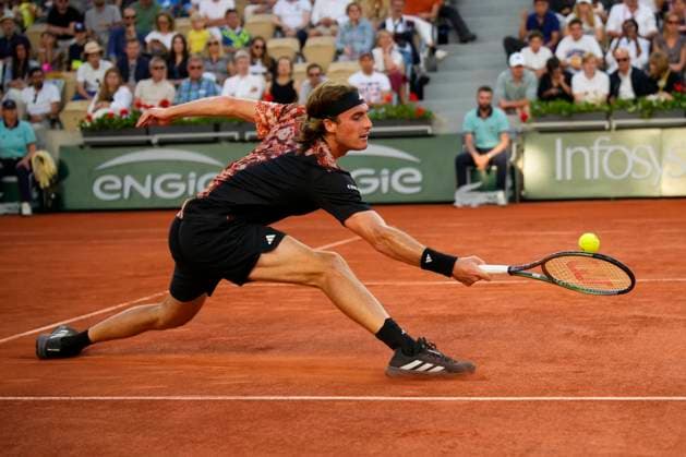 PARIS, FRANCE - JUNE 4: Stefanos Tsitsipas plays a small ball at the net during 4th round of Roland Garros 2023 match between Sebastian Ofner vs Stefanos Tsitsipas at Roland Garros Stadium on June 4, 2023 in Paris, France. (Photo by Glenn Gervot Icon Sportswire) TENNIS: JUN 04 French Open EDITORIAL USE ONLY Icon2306046826
