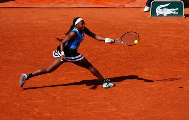 Mandatory Credit: Photo by Javier Garcia Shutterstock (13944044bk) Coco Gauff plays a left handed return French Open Tennis, Day 9, Roland Garros, Paris, France - 05 June 2023 French Open Tennis, Day 9, Roland Garros, Paris, France - 05 June 2023  Copyright: xJavierxGarcia Shutterstockx 13944044bk