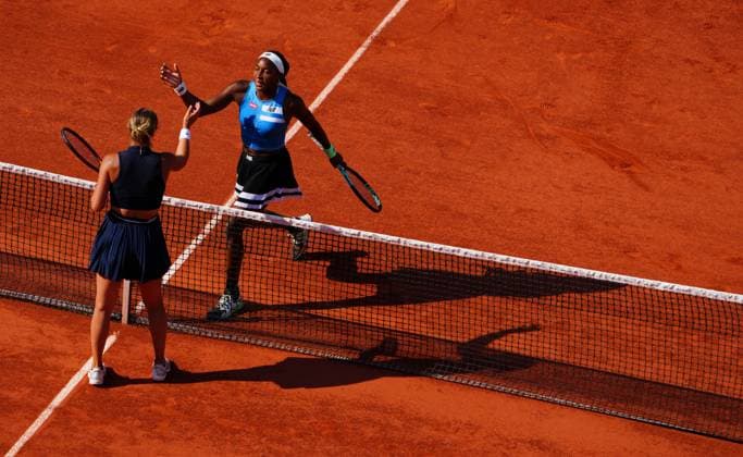 Mandatory Credit: Photo by Javier Garcia Shutterstock (13944044bo) Coco Gauff shakes hands at the net with Anna Karolina Schmiedlova after defeating her in straight sets French Open Tennis, Day 9, Roland Garros, Paris, France - 05 June 2023 French Open Tennis, Day 9, Roland Garros, Paris, France - 05 June 2023  Copyright: xJavierxGarcia Shutterstockx 13944044bo