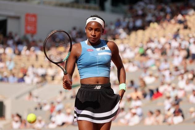 Sixth-seeded Coco Gauff of the US plays against Anna Karolina Schmiedlova of Slovakia at the Roland Garros French Tennis Open in Paris, France, on Monday, June 5, 2023. Gauff won 7-5, 6-2 and qualified for the quarter finals.  PAR20230605106 MAYAxVIDON-WHITE
