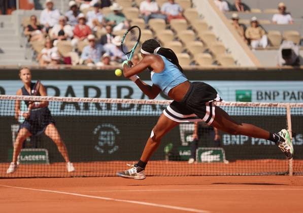 Sixth-seeded Coco Gauff of the US plays against Anna Karolina Schmiedlova of Slovakia at the Roland Garros French Tennis Open in Paris, France, on Monday, June 5, 2023. Gauff won 7-5, 6-2 and qualified for the quarter finals.  PAR20230605107 MAYAxVIDON-WHITE