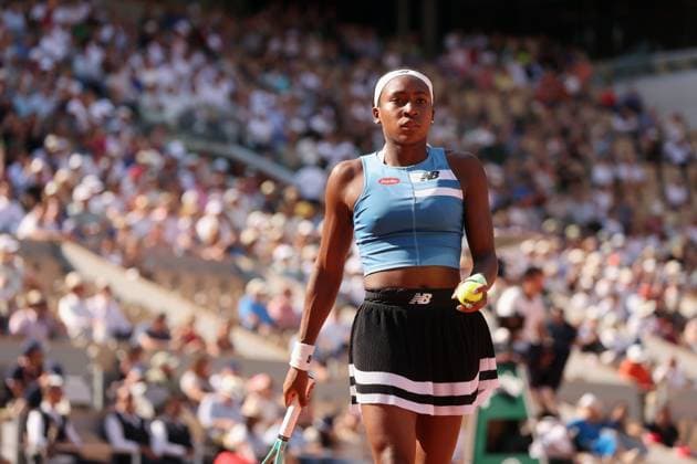 Sixth-seeded Coco Gauff of the US plays against Anna Karolina Schmiedlova of Slovakia at the Roland Garros French Tennis Open in Paris, France, on Monday, June 5, 2023. Gauff won 7-5, 6-2 and qualified for the quarter finals.  PAR20230605117 MAYAxVIDON-WHITE