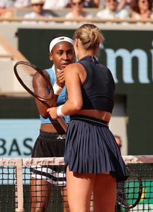 Sixth-seeded Coco Gauff of the US shakes hands with Anna Karolina Schmiedlova of Slovakia at the end of their match for Roland Garros French Tennis Open in Paris, France, on Monday, June 5, 2023. Gauff won 7-5, 6-2 and qualified for the quarter finals.  PAR20230605123 MAYAxVIDON-WHITE