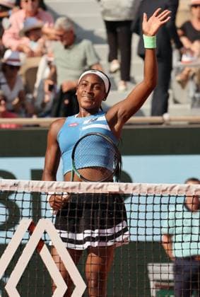 Sixth-seeded Coco Gauff of the US waves to the audience at the end of her match against Anna Karolina Schmiedlova of Slovakia at the Roland Garros French Tennis Open in Paris, France, on Monday, June 5, 2023. Gauff won 7-5, 6-2 and qualified for the quarter finals.  PAR20230605124 MAYAxVIDON-WHITE