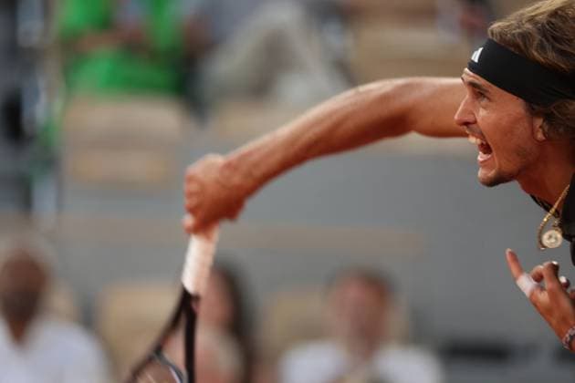 Alexander Zverev of Germany plays against Grigor Dimitrov of Bulgaria at the Roland Garros French Tennis Open in Paris, France, on Monday, June 5, 2023. Zverev won 6-1, 6-4, 6-3 and qualified for the quarter finals.  PAR20230605130 MAYAxVIDON-WHITE