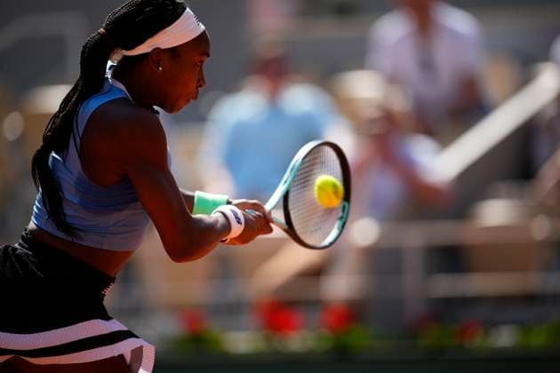 PARIS, FRANCE - JUNE 5: Coco Gauff plays a strong backhand during 4th round of Roland Garros 2023 match between Anna Karolina Schmiedlova vs Coco Gauff at Roland Garros Stadium on June 5, 2023 in Paris, France. (Photo by Glenn Gervot Icon Sportswire) TENNIS: JUN 05 French Open EDITORIAL USE ONLY Icon2306056913