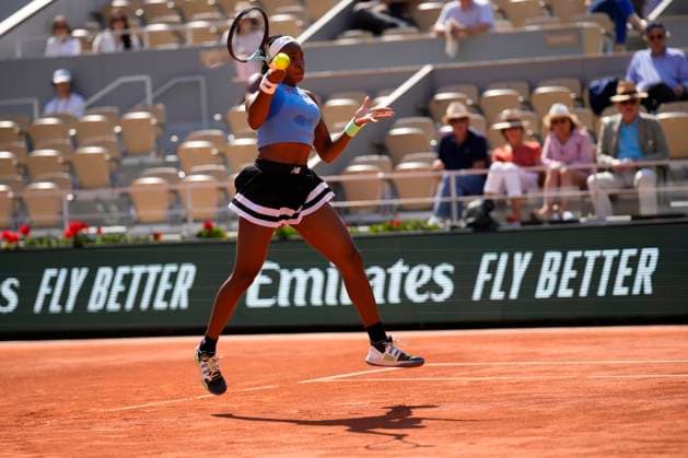 PARIS, FRANCE - JUNE 5: Coco Gauff plays a strong forehand during 4th round of Roland Garros 2023 match between Anna Karolina Schmiedlova vs Coco Gauff at Roland Garros Stadium on June 5, 2023 in Paris, France. (Photo by Glenn Gervot Icon Sportswire) TENNIS: JUN 05 French Open EDITORIAL USE ONLY Icon2306056940