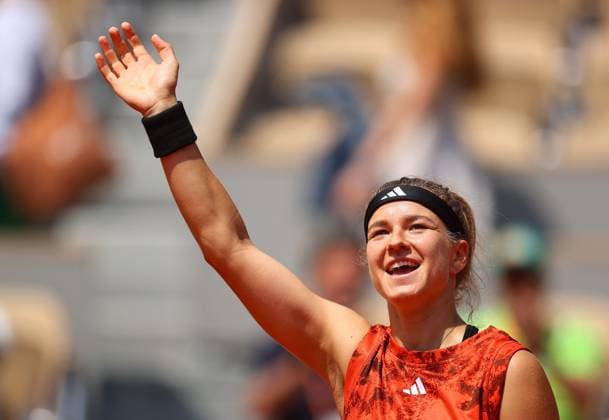 Mandatory Credit: Photo by Ella Ling Shutterstock (13949269f) Karolina Muchova of Czech Republic celebrates French Open Tennis, Day 10, Roland Garros, Paris, France - 06 June 2023 French Open Tennis, Day 10, Roland Garros, Paris, France - 06 June 2023  Copyright: xEllaxLing Shutterstockx 13949269f