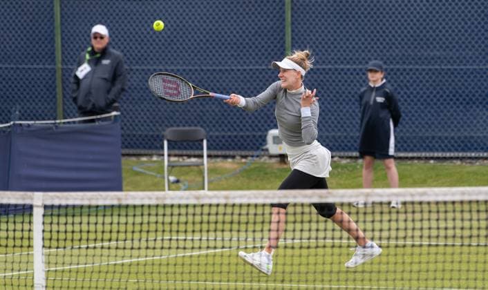 Alison Riske (USA) playing against Viktorija Golubic in the first round of the W100 Surbiton Trophy, at Surbiton Lawn Tennis Club, Surbiton, England on the 6th June 2023. Copyright: xAlanxStanfordx PMI-5581-0002