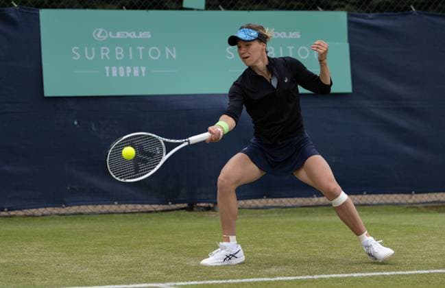 Viktorija Golubic (SUI) playing against Alison Riske (USA) in the first round of the W100 Surbiton Trophy, at Surbiton Lawn Tennis Club, Surbiton, England on the 6th June 2023. Copyright: xAlanxStanfordx PMI-5581-0026