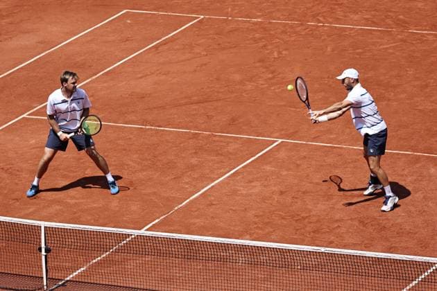 Kevin Krawietz and Tim Pütz white cap , GER, during mens doubles of 2023 French Open at Roland Garros, Paris, 06 06 2023