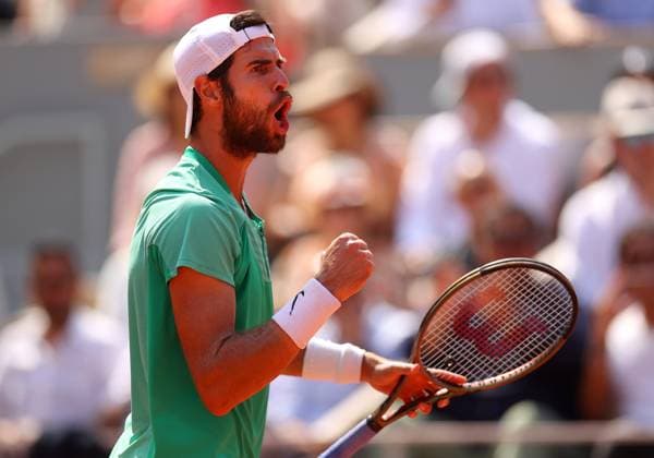 Mandatory Credit: Photo by Ella Ling Shutterstock (13949269dl) Karen Khachanov of Russia celebrates French Open Tennis, Day 10, Roland Garros, Paris, France - 06 June 2023 French Open Tennis, Day 10, Roland Garros, Paris, France - 06 June 2023  Copyright: xEllaxLing Shutterstockx 13949269dl
