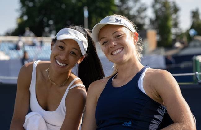 Pricilla Hon (AUS) (left) and partner Katie Swan (GBR) after wining their match in the first round of the W100 Doubles Surbiton Trophy, at Surbiton Lawn Tennis Club, Surbiton, England on the 6th June 2023. Copyright: xAlanxStanfordx PMI-5581-0262