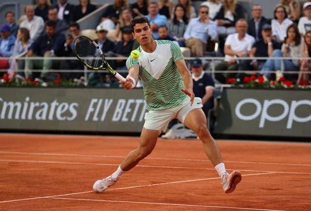 Mandatory Credit: Photo by Ella Ling Shutterstock (13949269gu) Carlos Alcaraz of Spain in action French Open Tennis, Day 10, Roland Garros, Paris, France - 06 June 2023 French Open Tennis, Day 10, Roland Garros, Paris, France - 06 June 2023  Copyright: xEllaxLing Shutterstockx 13949269gu