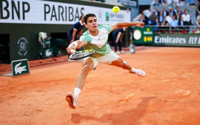 Mandatory Credit: Photo by Javier Garcia Shutterstock (13949267ec) Carlos Alcaraz in quarter final action French Open Tennis, Day 10, Roland Garros, Paris, France - 06 June 2023 French Open Tennis, Day 10, Roland Garros, Paris, France - 06 June 2023  Copyright: xJavierxGarcia Shutterstockx 13949267ec